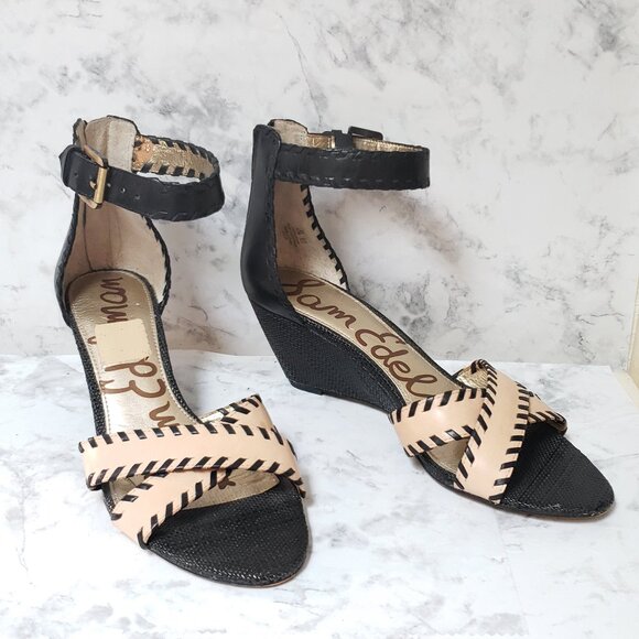 Black/Nude Ankle Strap Sam Edelman Women's Silvia Wedge Sandal 8.5 - Picture 1 of 14
